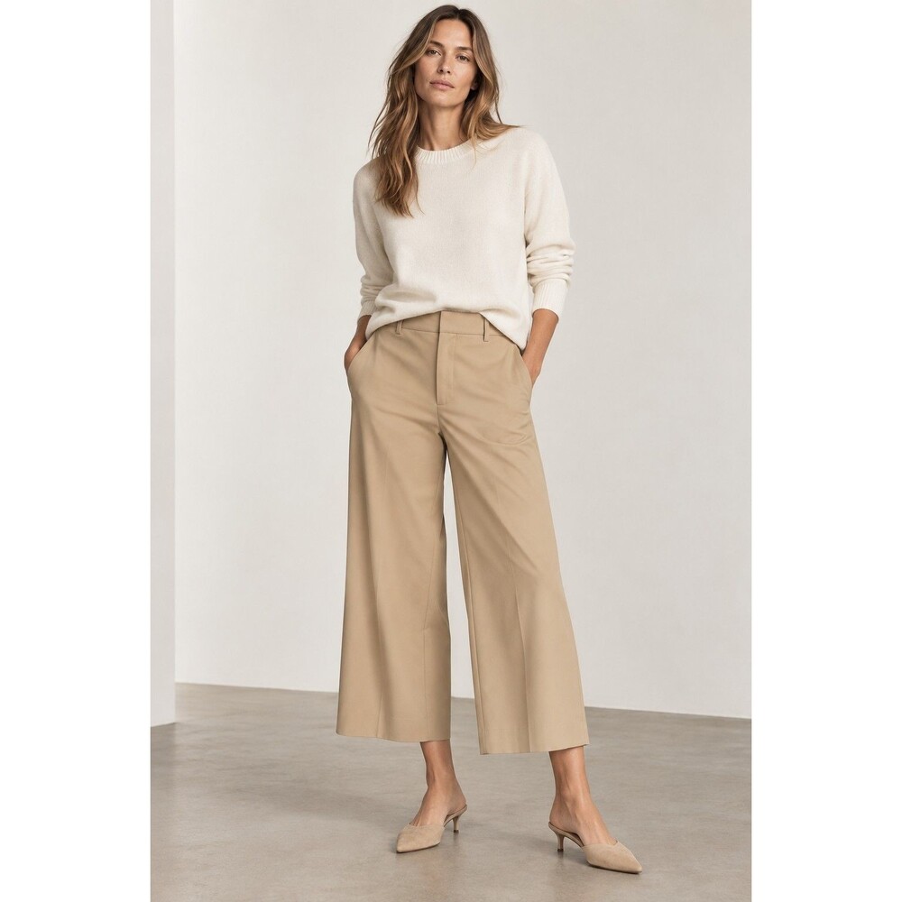 Vince Women’s Wide Leg Ankle Pants Size 8 Tan Beige Wool Blend Stretch Cropped